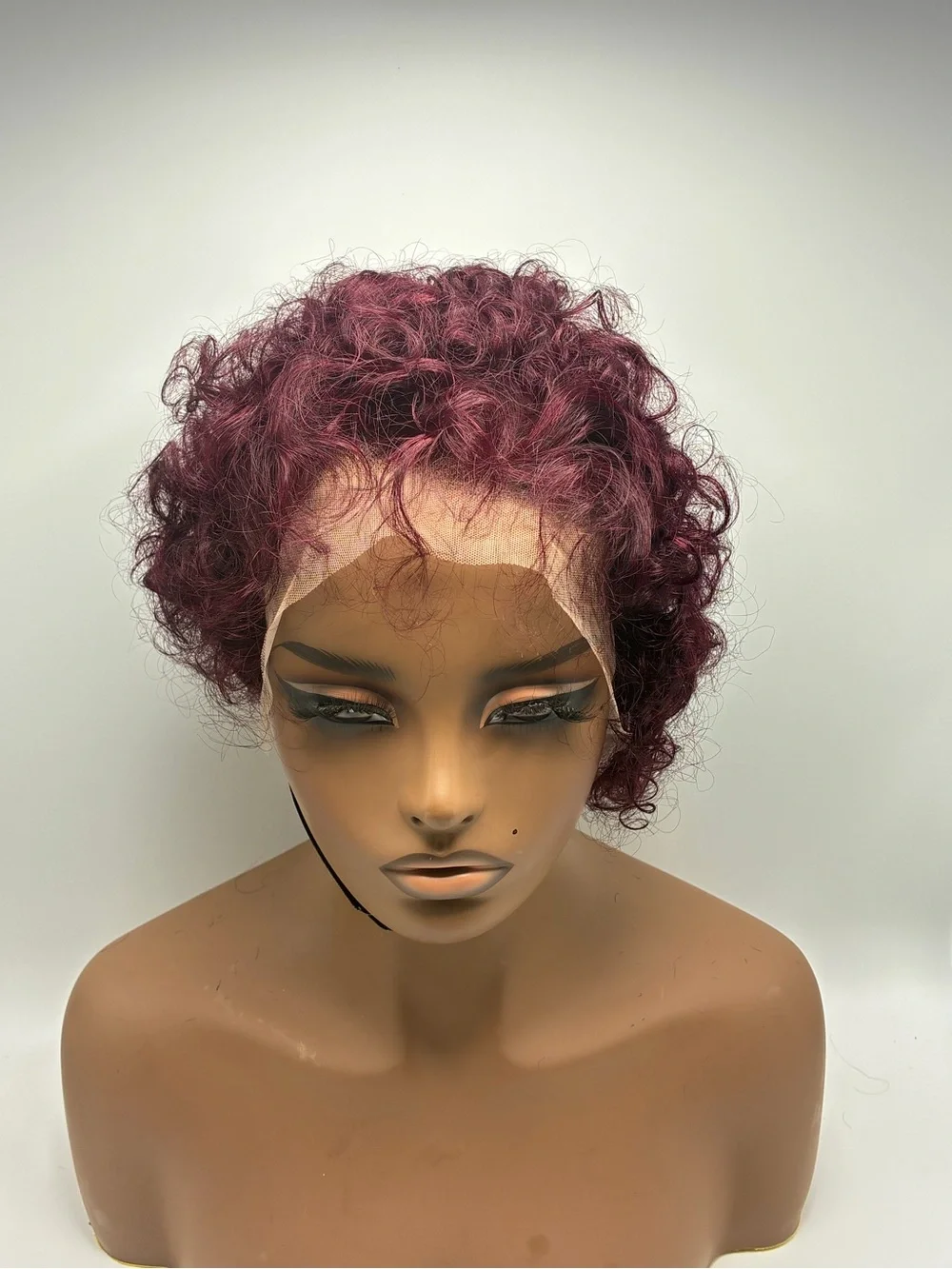 Short Curly Lace Front Wig in Burgundy.  Human Hair